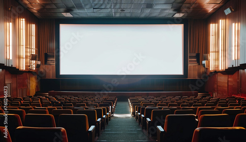 empty cinema hall with chairs and blank screen