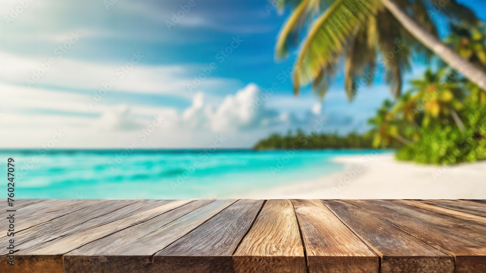 Empty wooden table top on blur beach landscape background; for display or mockups or montage your products.