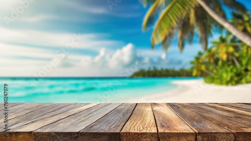 Empty wooden table top on blur beach landscape background; for display or mockups or montage your products.