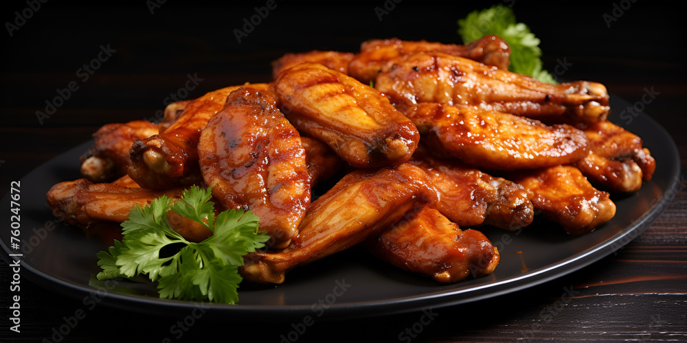 Chicken Wings, Wings Food, grilled wings with sauce, Grilled spicy chicken wings on a dark background with spices and herbs, Chicken wings traditional asian recipe dark background, Generative AI