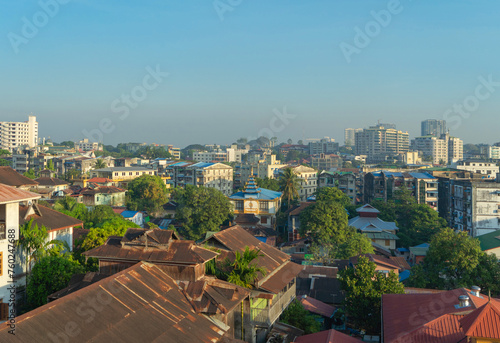 Aerial top view of Yangon urban city town, Myanmar or Burma. Tourist destination.