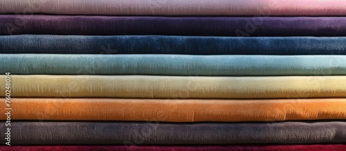 A close up of a pile of vibrant textiles, featuring a mix of tints and shades. The stack is neatly arranged in a rectangle, showcasing patterns in electric blue, leather, and metal accents