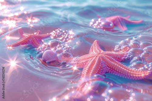 dreamy hues ocean with starfish and shells pink and blue tones