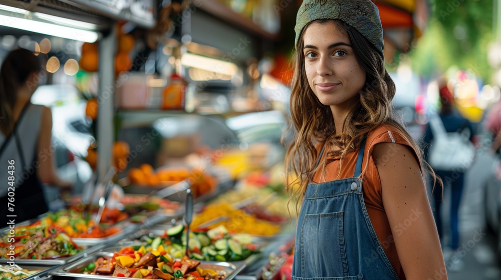 Naklejka premium Friendly Vendor at a Fresh Salad Stand. Cheerful young woman vendor standing in front of a colorful fresh salad stand at a bustling street market.