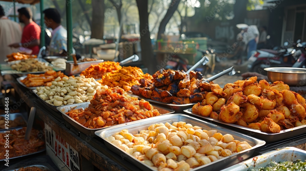 Street Vendor Displaying Indian Snacks. Street vendor in a bustling Indian market displaying a variety of fried snacks and savory treats on a sunny day.