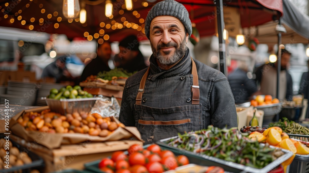 Warm Smiles at a Local Winter Market. Cheerful, bearded market vendor in a winter hat and apron stands proudly in front of his stall of fresh fruits and vegetables. Warm Smiles at a Local Winter Market. Cheerful, bearded market vendor in a winter hat and apron stands proudly in front of his stall of fresh fruits and vegetables.