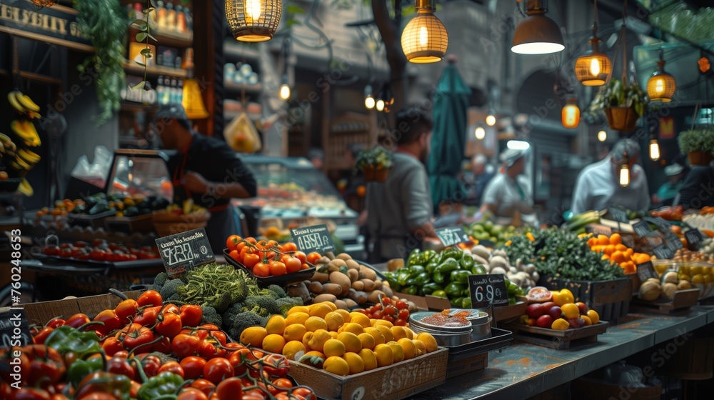Bustling Indoor Market with Fresh Produce Abundance. Indoor market teeming with activity as customers and vendors engage among abundant fresh produce and artisan foods.