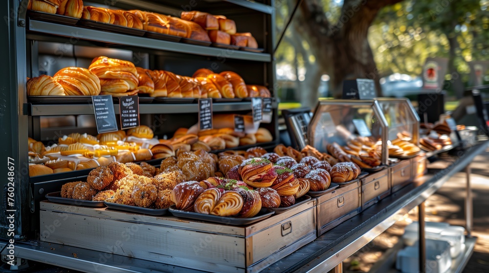 Delicate Pastries Lined Up in Park Bake Sale. Assortment of exquisite pastries are on display at a park bake sale, tempting visitors with their delicate textures and flavors.