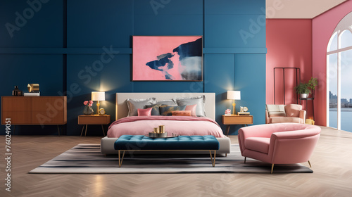 Elegant Bedroom with Contrasting Blue and Coral Walls, Plush Headboard, and Modern Aesthetic