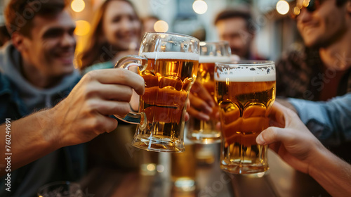 Group of male and female friends Clinking and cheering beer glasses while sitting at a pub table. Young people have fun and drink beer together.