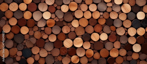 A closeup of a stack of brown hardwood logs, showcasing the natural beauty of the wood with its variations in shades and patterns, creating a circular plantinspired font photo