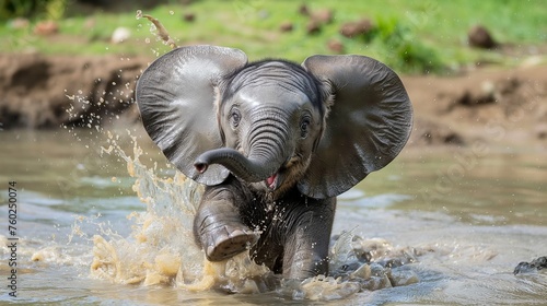 A baby elephant splashing happily in a shallow waterhole, trunk held high