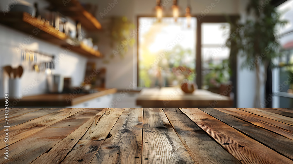 A wooden table is showcased in the foreground, with a kitchen visible in the background of the building. Hardwood planks with wood stain complete the flooring. A plant and art add to the decor