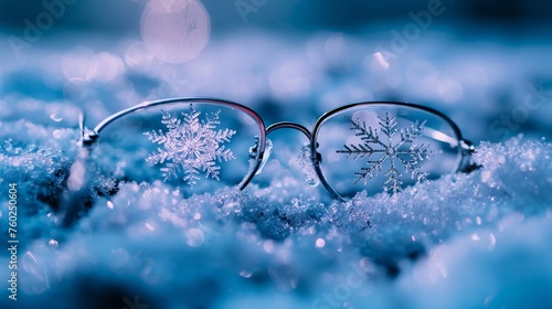 A close-up of glasses covered in snowflakes, forgotten in a winter wonderland