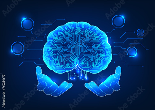 Artificial intelligence technology The hand holding the brain inside is a technological circuit. Shows AI technology that was created to help with analytical thinking. and human work