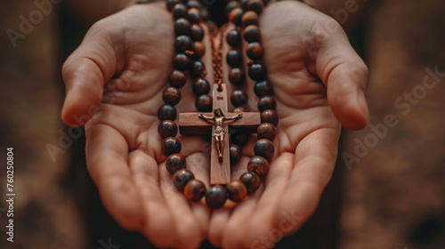 Soulful prayer: a man in quiet devotion, hands clasped around a rosary cross, seeking solace and spiritual connection, capturing the essence of serene contemplation, faith, and religious devotion.