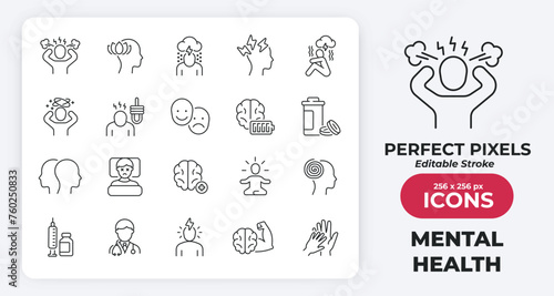Mental health simple minimal thin line icons. Related depression, bipolar, PTSD, trauma. Editable stroke. Vector illustration.