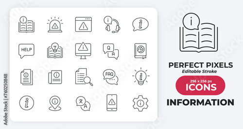 Information simple minimal thin line icons. Related manual, instruction, support, service. Editable stroke. Vector illustration.