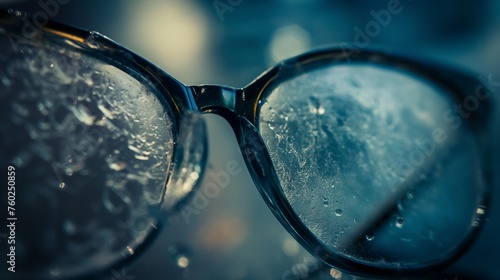 A close-up of glasses with smudged lenses, waiting to be cleaned