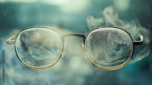 A close-up of glasses with foggy lenses, freshly taken from a warm room into the cold