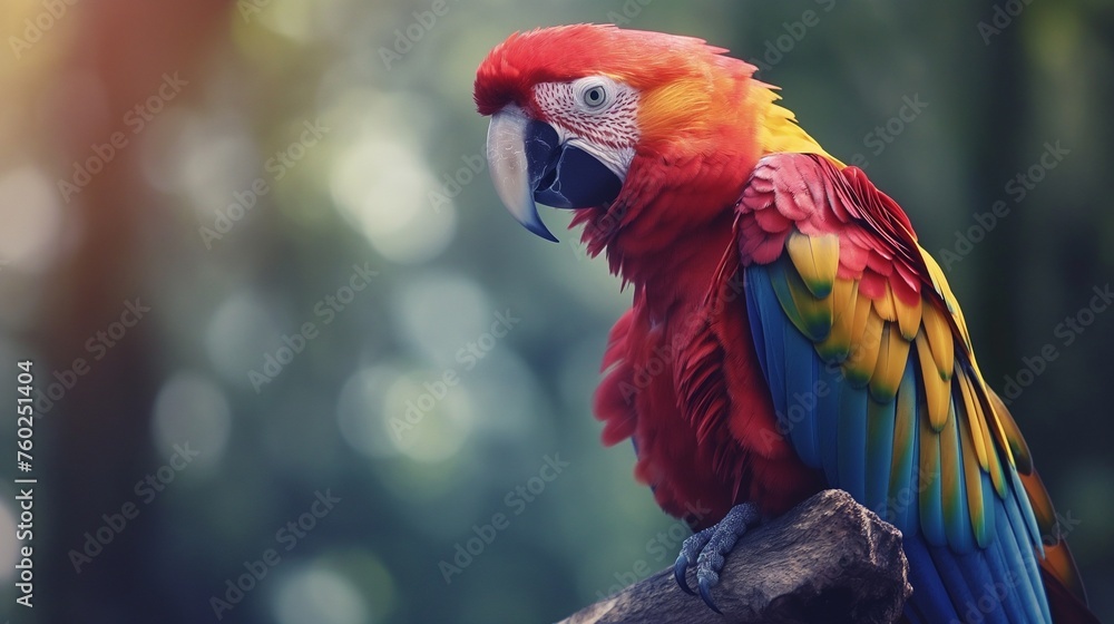 A colorful parrot perched on a branch, feathers ruffled in the breeze