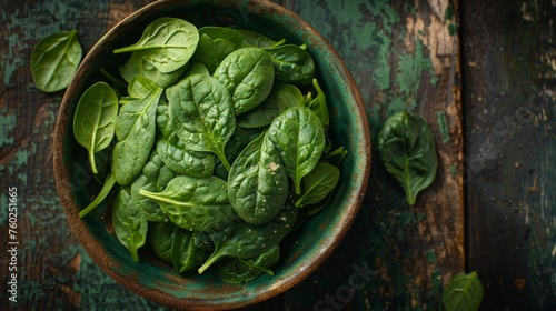 Fresh spinach leaves in rustic bowl