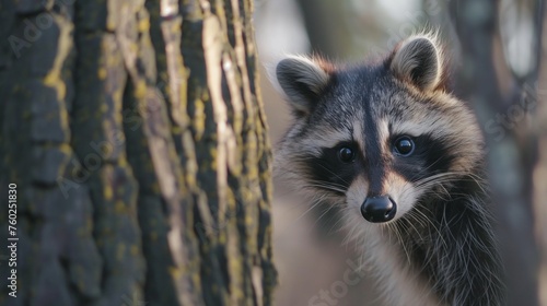 A curious raccoon peeking out from behind a tree trunk, eyes shining with mischief