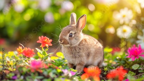 A cute baby bunny sitting against a bed of colorful flowers in a sunlit garden