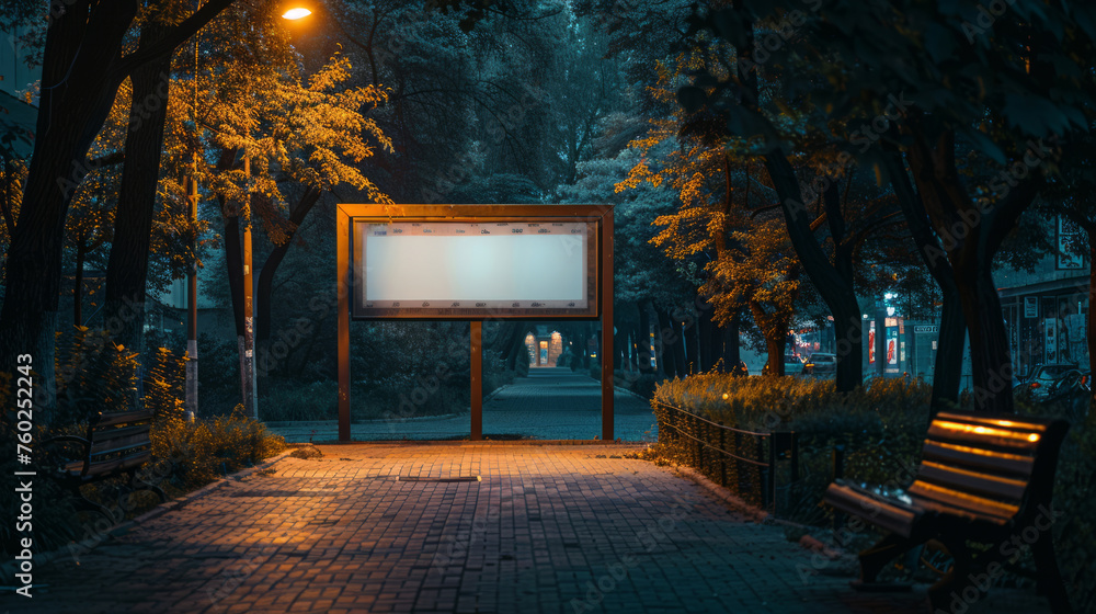 Tranquil night park with empty billboard