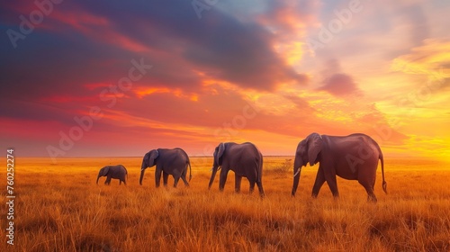 A family of elephants trekking across the vast African plains under a colorful sunset sky