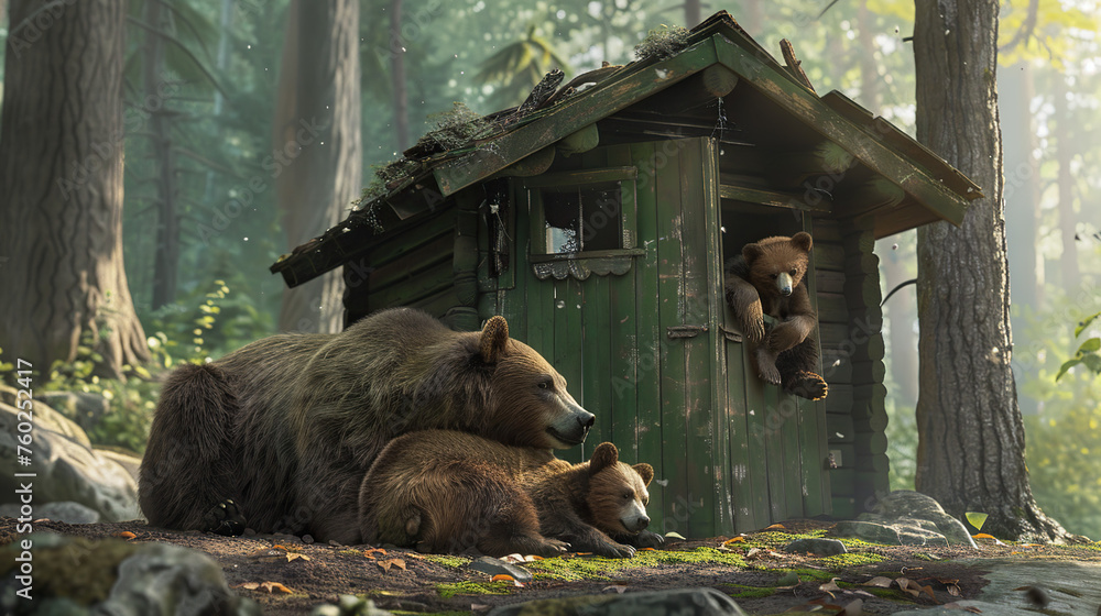 Fototapeta premium green hut in the forest, the brown bear cubs fell asleep there, and the youngest restlessness bothered the mother bear 