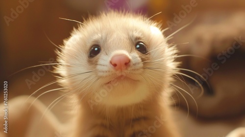 A fluffy baby ferret with a mischievous gleam in its eyes