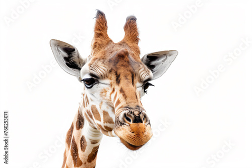 a giraffe with a white background and a brown nose