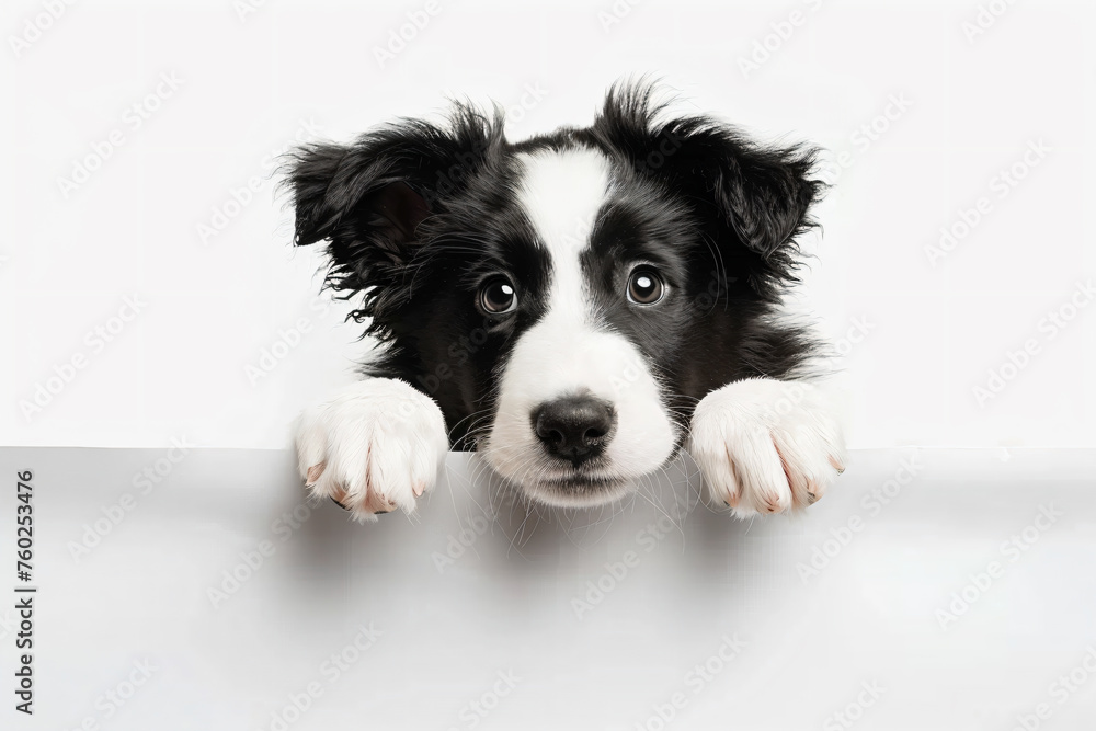 Fototapeta premium a dog is looking over a white board