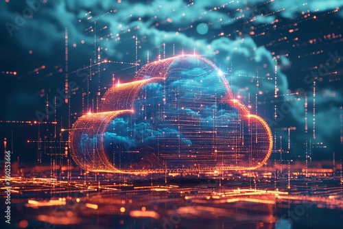 Futuristic cloud data storage visualization  digital representation of cloud computing  Concept of big data and cybersecurity in technology.