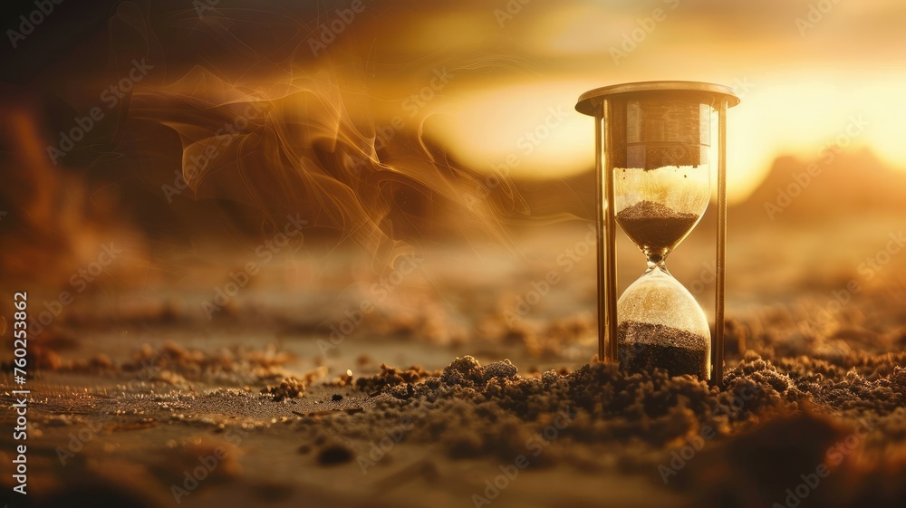 Hourglass on sandy terrain with wind effect - Serene hourglass with sand on the ground, wind blowing creating a sense of time passing silently - obrazy, fototapety, plakaty 