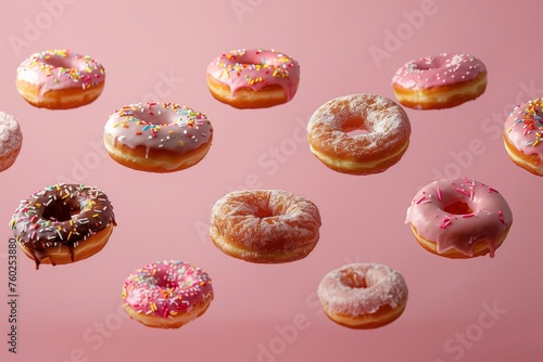 Assorted donuts floating on a pink background with various toppings, Concept of indulgence and sweet treats.