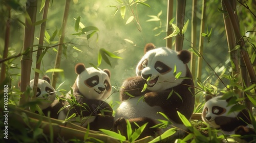 A fluffy baby panda tumbling playfully with its siblings in a bamboo forest