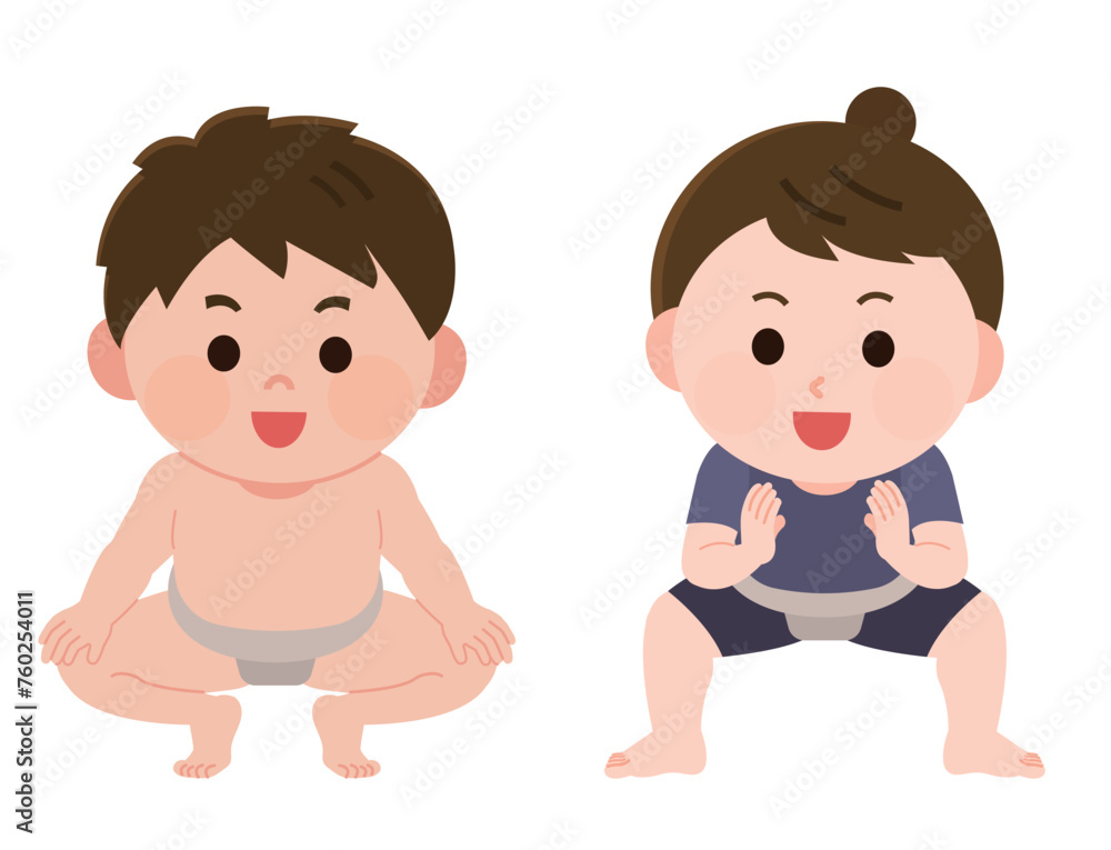 相撲をする男の子と女の子　イラスト
