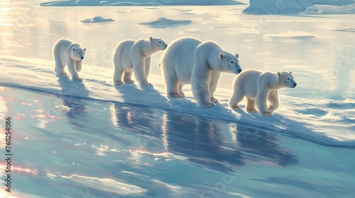 A family of polar bears traversing the icy terrain of the Arctic  their fur glistening in the sunlight