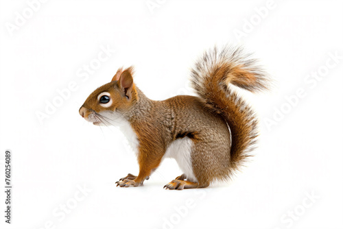 a squirrel standing on a white surface with a white background