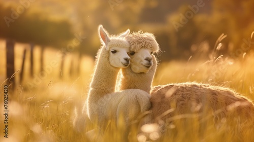 A fluffy baby alpaca nuzzling against its mother s side in a sunlit meadow