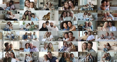 Happy family Day celebration, close up faces, portraits of young and old people, enjoy good warmth relation, hugging, feeling unconditional love smiling looking at camera, collage view. Video call app
