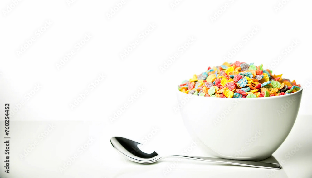 A side view of a white bowl on a pure white background, filled to the brim with colorful fruity cereal A side view of a white bowl on a pure white background, filled to the brim with colorful fruity cereal