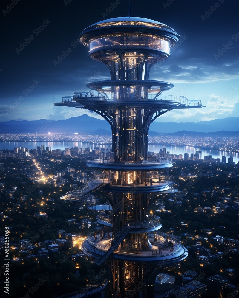 Sci-fi mafia lookout on sky tower, starry night, bird's-eye view ...