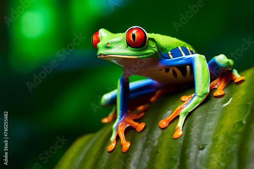a frog with red eyes sitting on a leaf