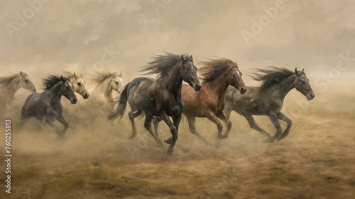 A herd of wild horses galloping freely across an expansive plain, manes flowing in the wind
