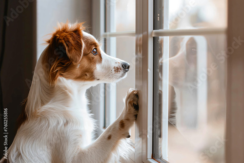 a dog looking out a window at a cat