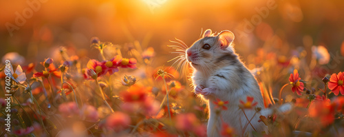 In the soft light of a golden sunset, a hamster emerges among vibrant wildflowers, creating a scene of natural harmony and exploration.