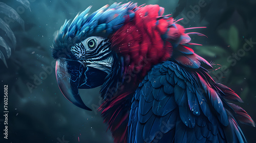 An illustration of a majestic macaw parrot, its striking plumage in shades of blue and red, peers pensively into the distance with a soft, mystical forest backdrop.